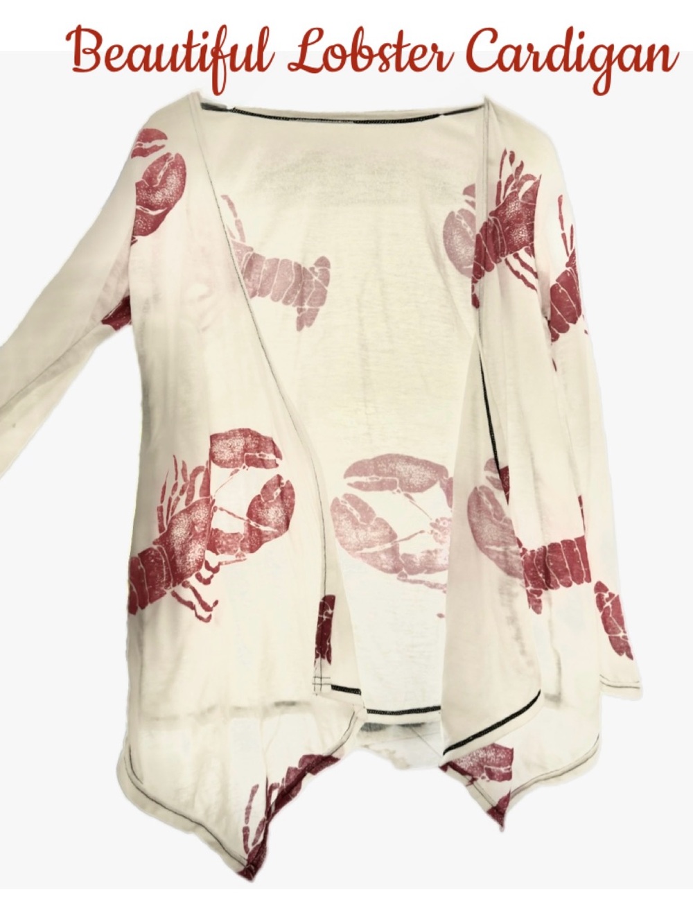 Lobster Print Open Front Cardigan - Light Cream & Deep Red